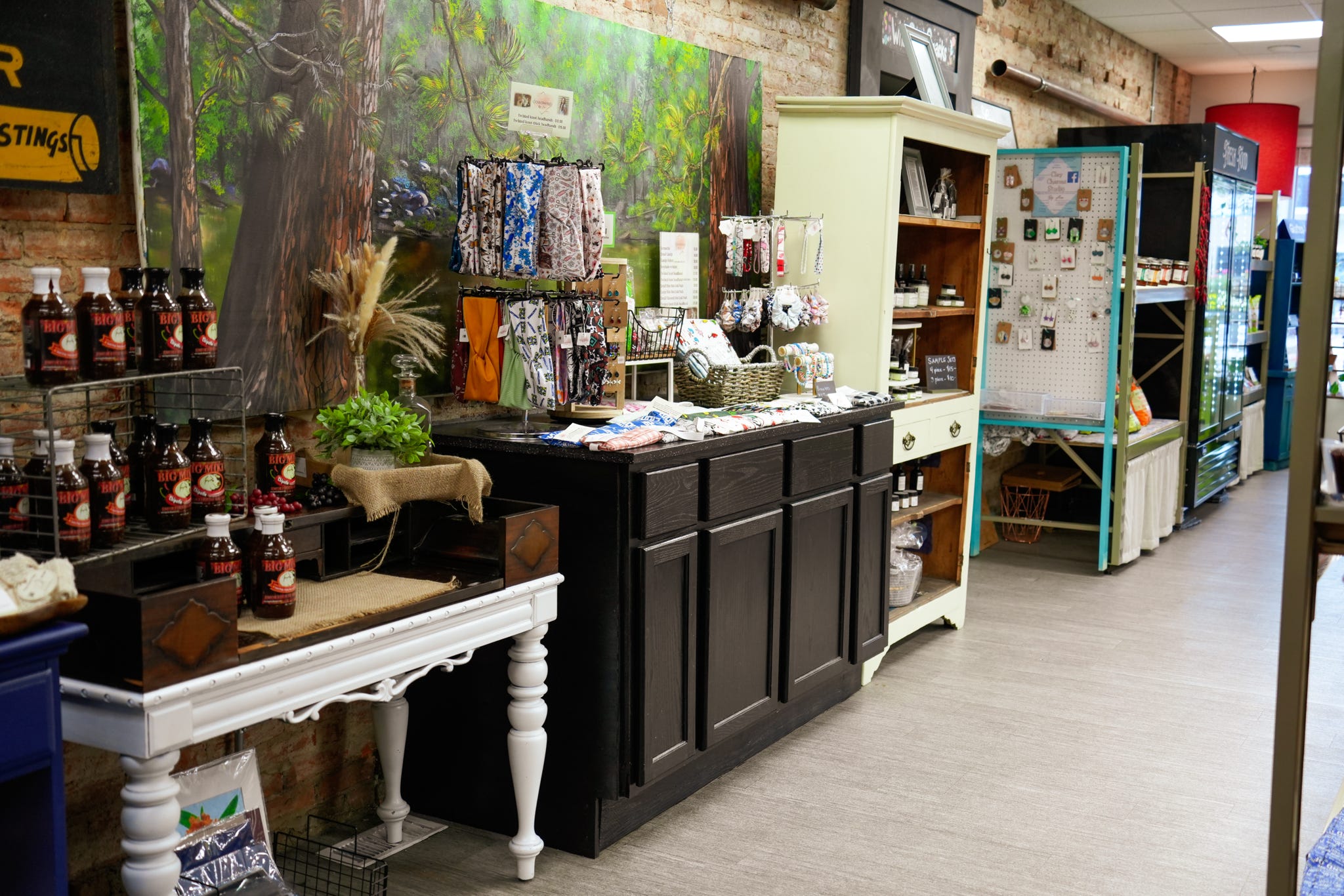 Market counters and vintage furniture full of local products